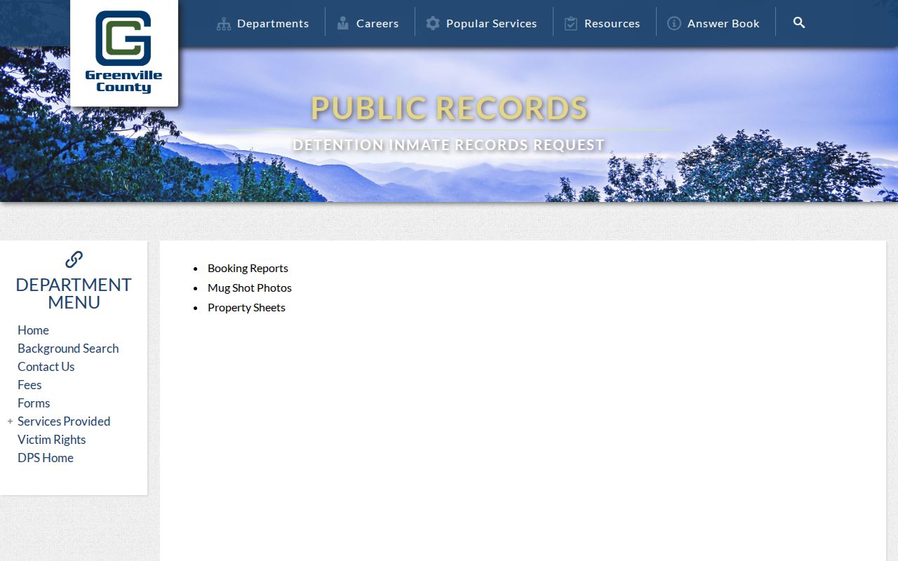 Greenville County detention booking record request page