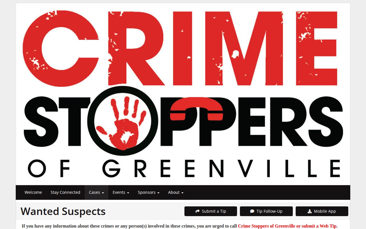Greenville County Crime Stoppers wanted-suspects search interface