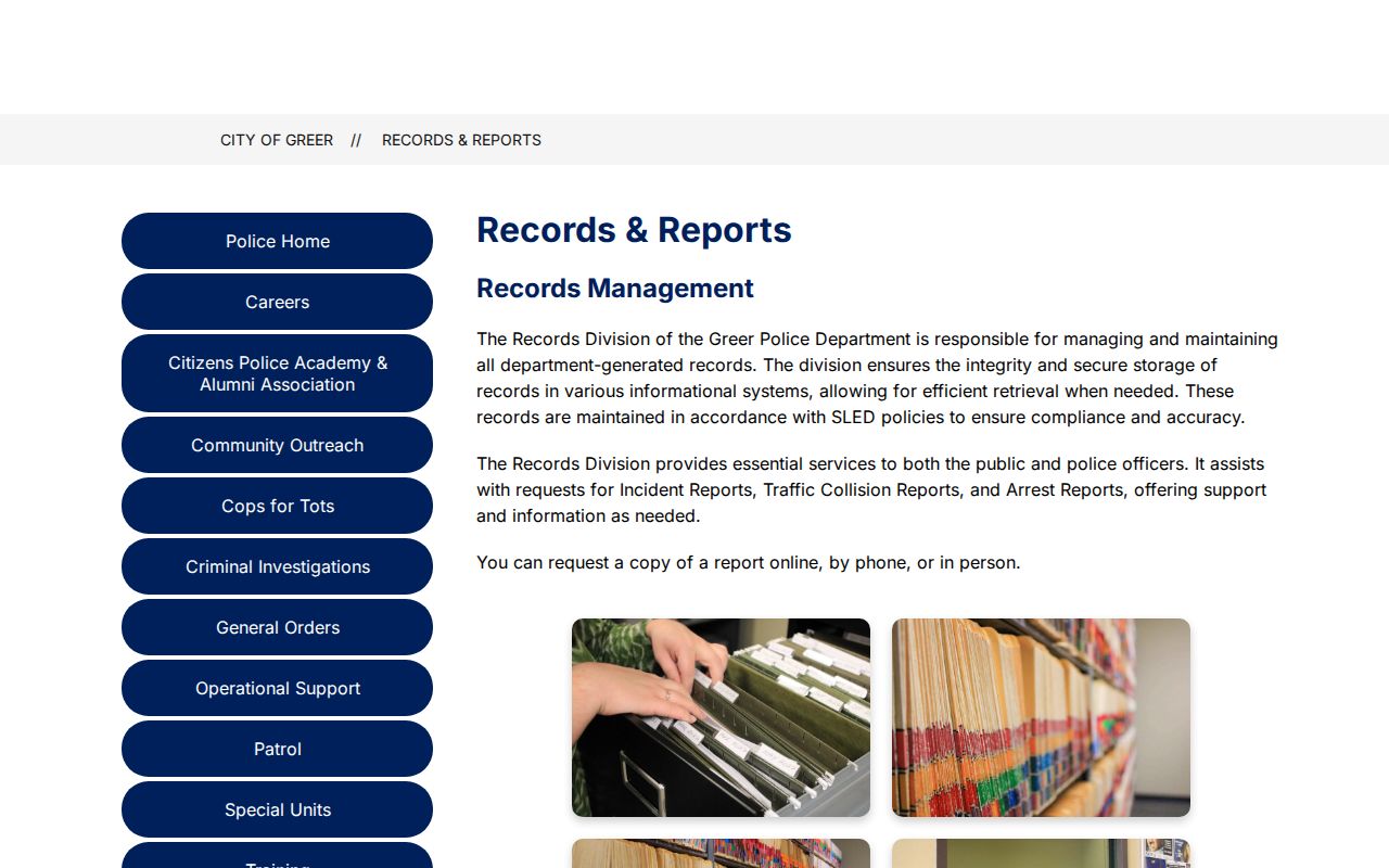 Greer Police Department arrest report and FOIA records page